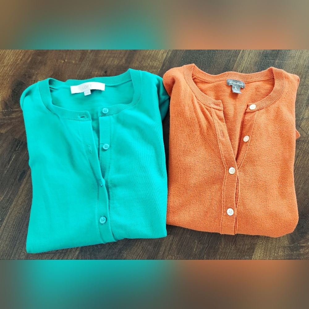 Eddie Bauer Orange and Loft Blue Cardigans Soft Knit V-Neck Sweaters